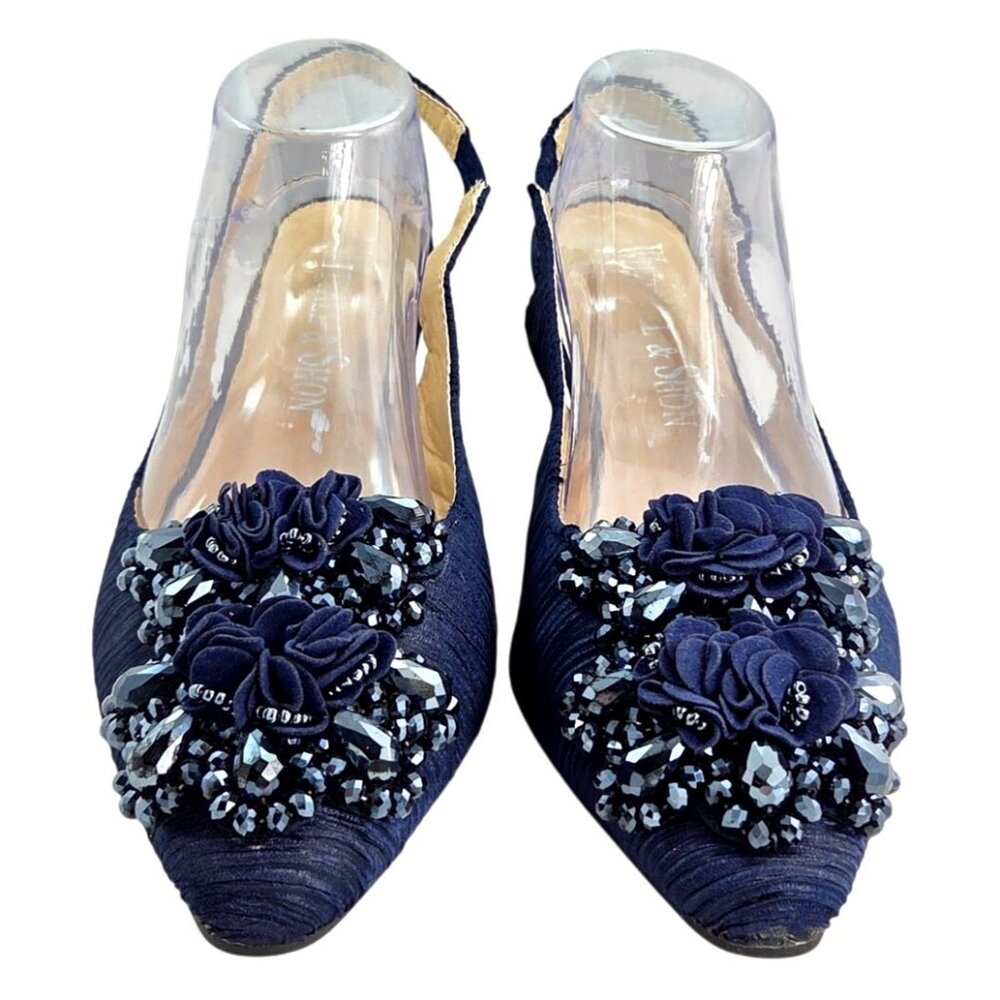 Whittall & Shon Navy Blue Ruched Velvet Embellished Slingback Heels Size 10 - Picture 8 of 10